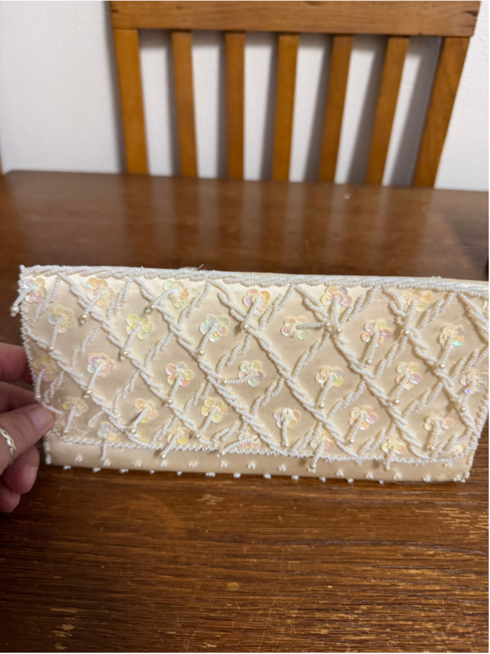 Vintage Ivory Satin Beaded Sequin Clutch Purse Bridal Wedding Evening Bag 9”